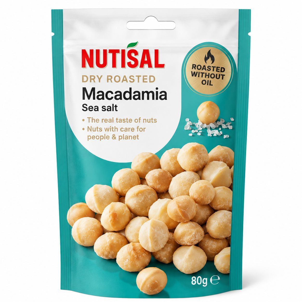 NUTISAL makadamijų riešutai su jūros druska, 80 g pakuotė