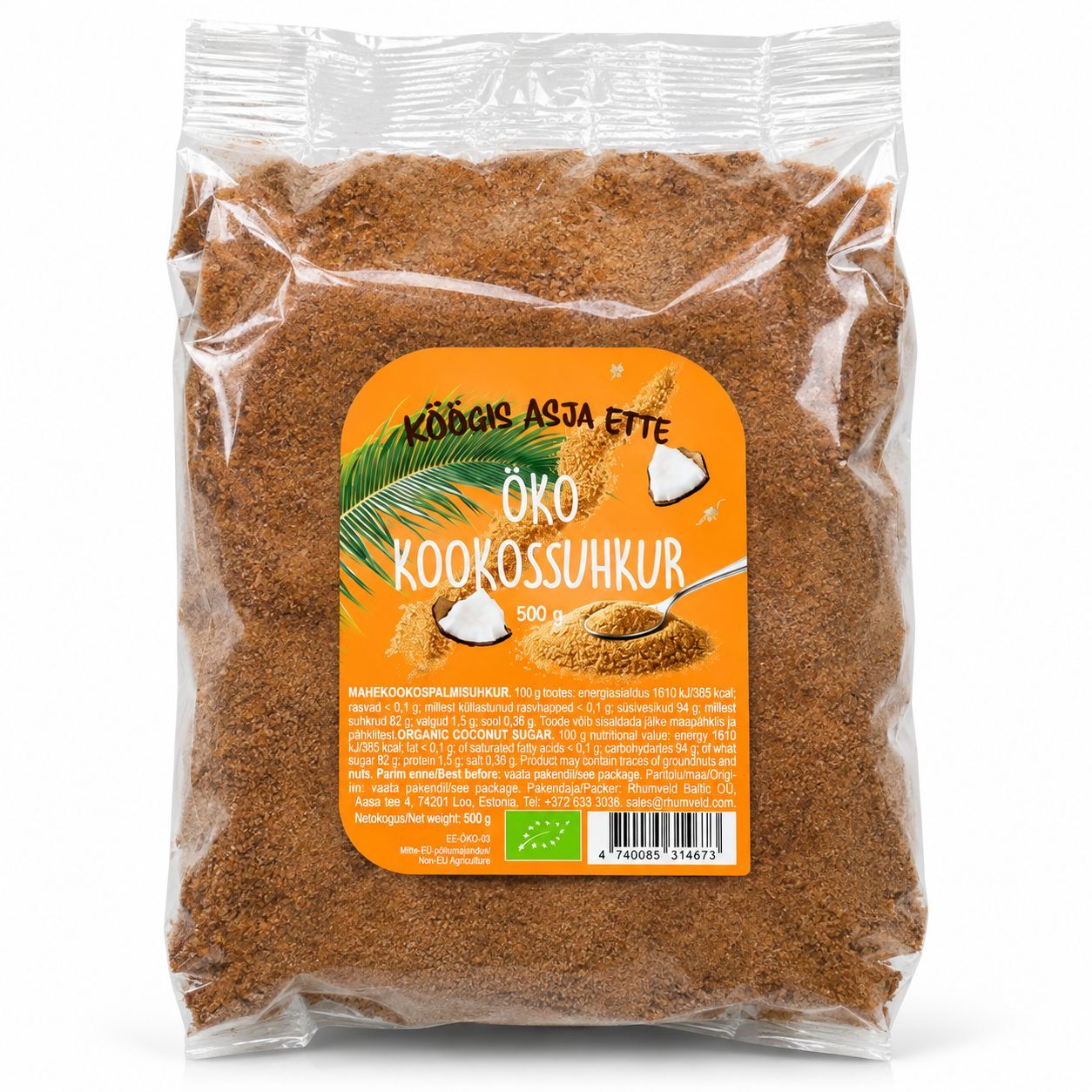ÖKO mahe kookossuhkur 500 g läbipaistvas pakendis oranži etiketiga