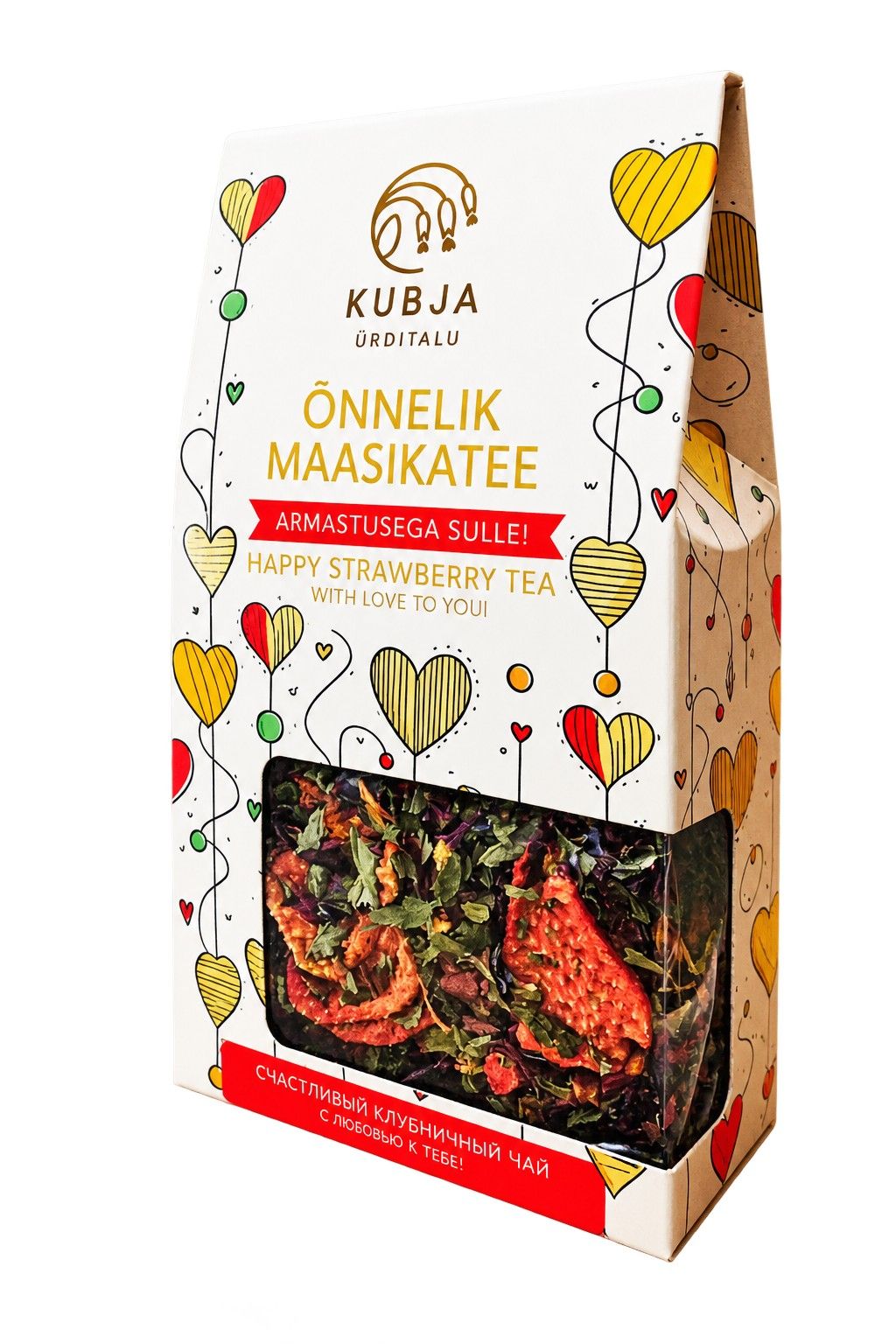 Taimetee Õnnelik Maasikatee Armastusega Sulle! 60 g – Kubja Ürditalu tee naturaalsete külmkuivatatud maasikatega
